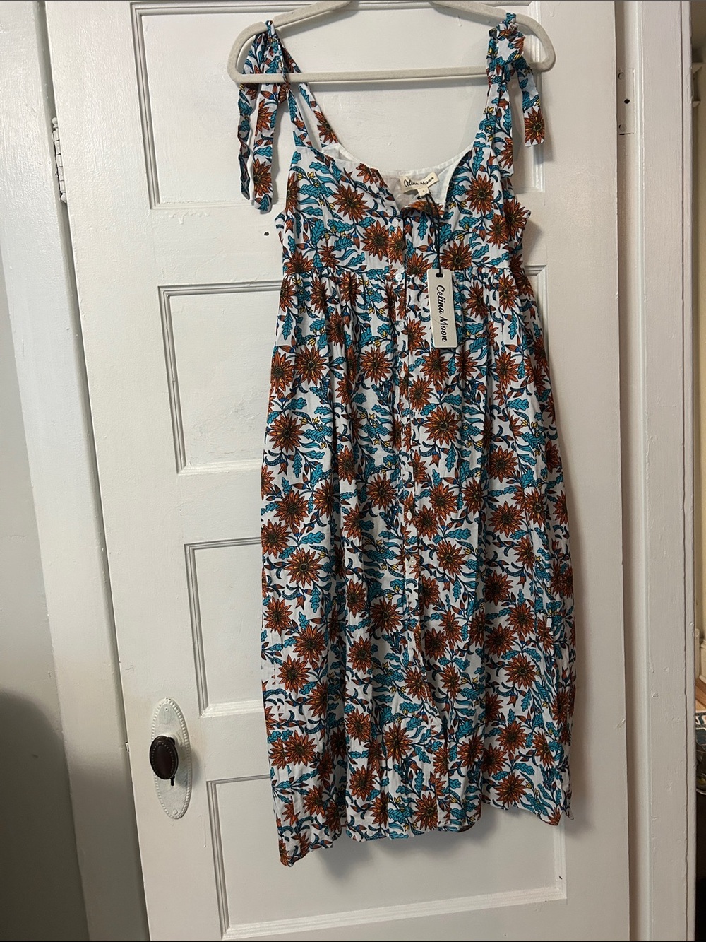Celina Moon - Floral Tie-Shoulder Dress - Blue & Brown - Size Small
